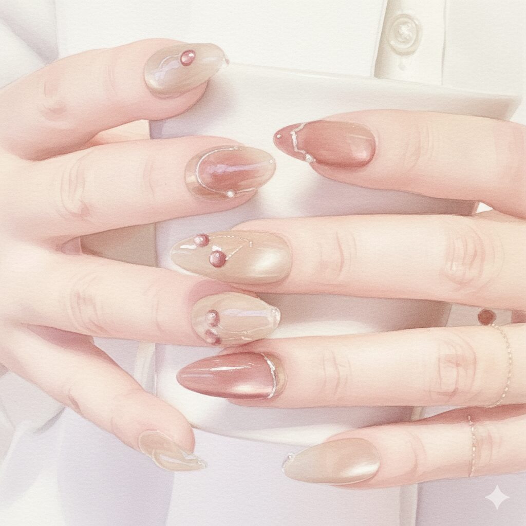 淡いベージュとピンクのネイルチップをつけた手元の写真。マグカップを持っている。