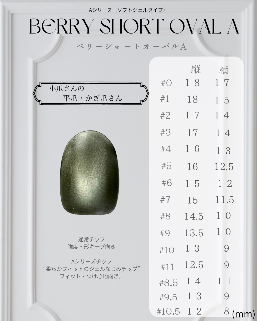 ベリーショートオーバルA ─ BERRY SHORT OVAL A のネイルチップサイズ表（縦・横 mm）